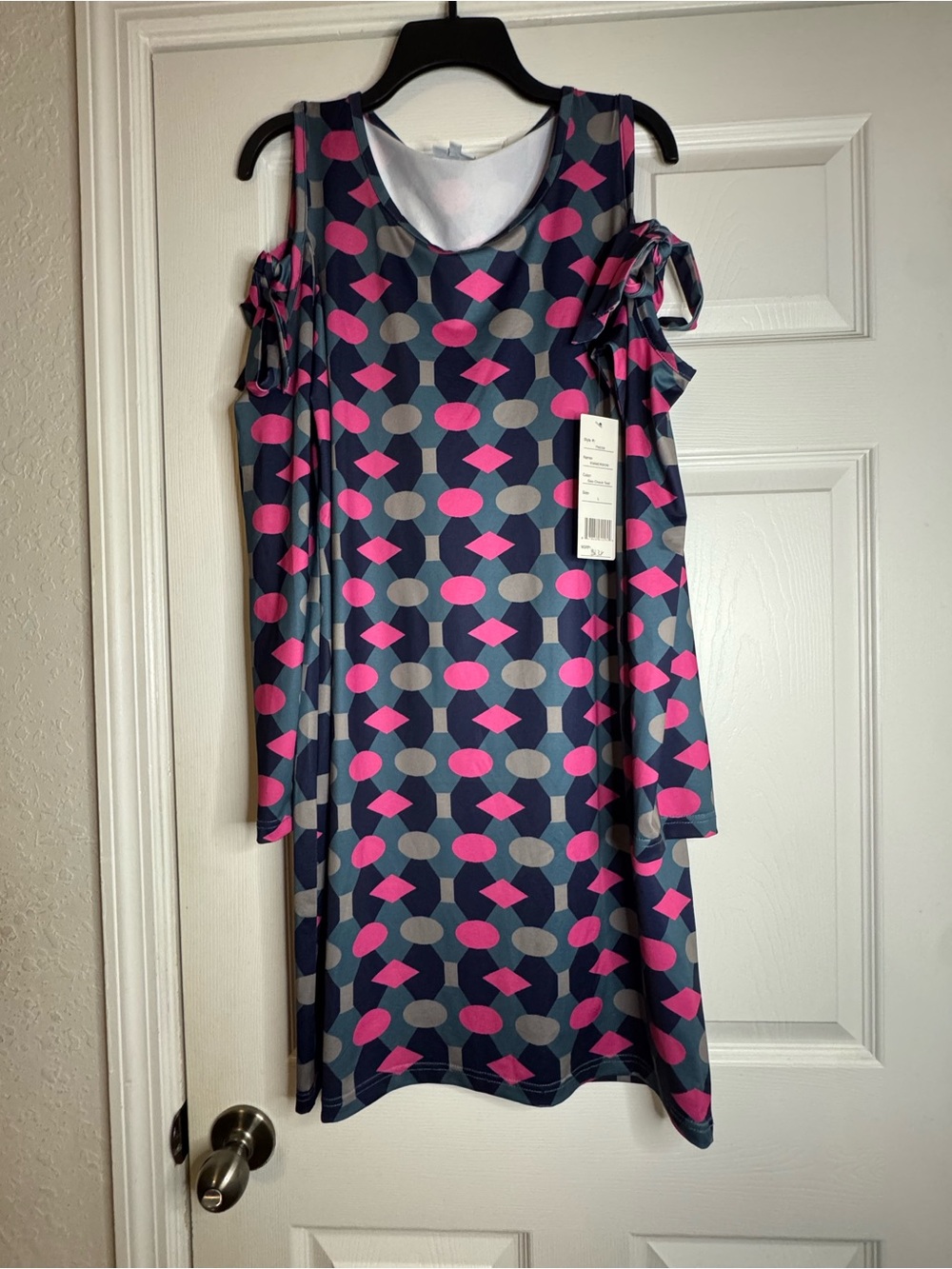Tracy Negoshian Navy Geometric Cold-Shoulder Dress with Pink and Gray Accents